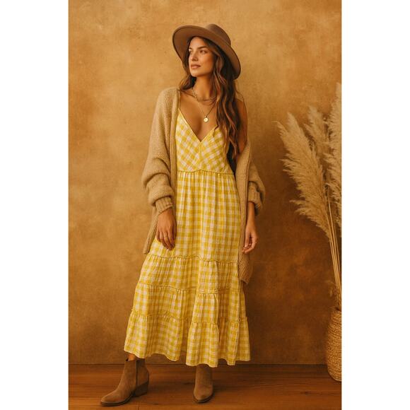 Free People Yellow Gingham Maxi Dress | Boho Western Tiered Ruffle | Large - Picture 1 of 12